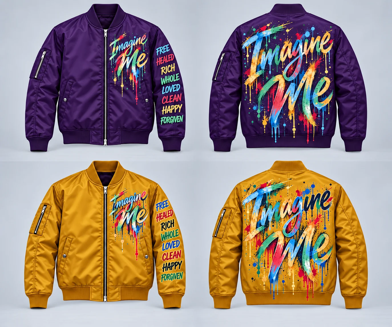 Men’s Bomber jacket color concepts showing Royal Purple front and back and Bold Gold front and back