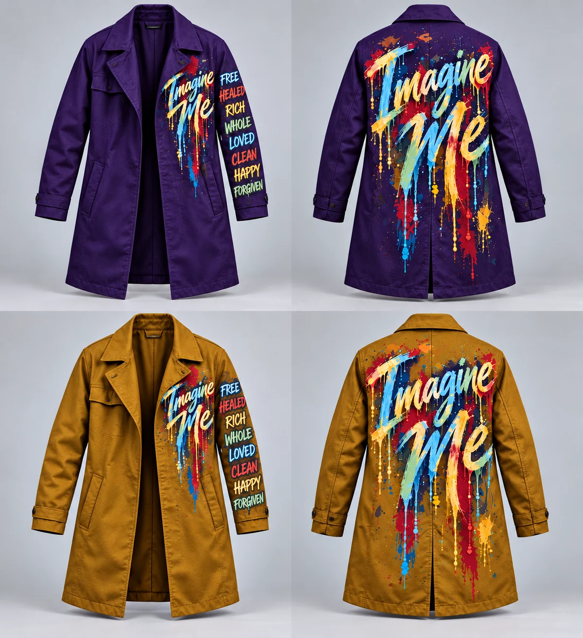 Men’s Casual fatigue trench color concepts showing Royal Purple front and back and Bold Gold front and back