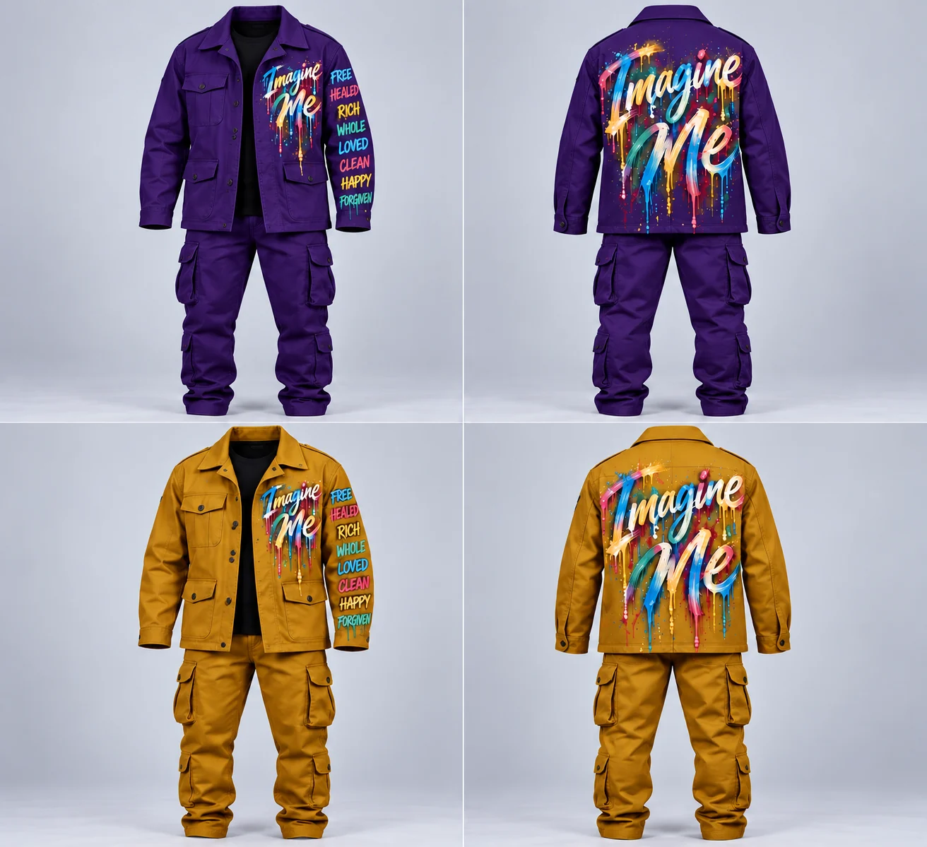Men’s Fatigue field jacket color concepts showing Royal Purple front and back and Bold Gold front and back