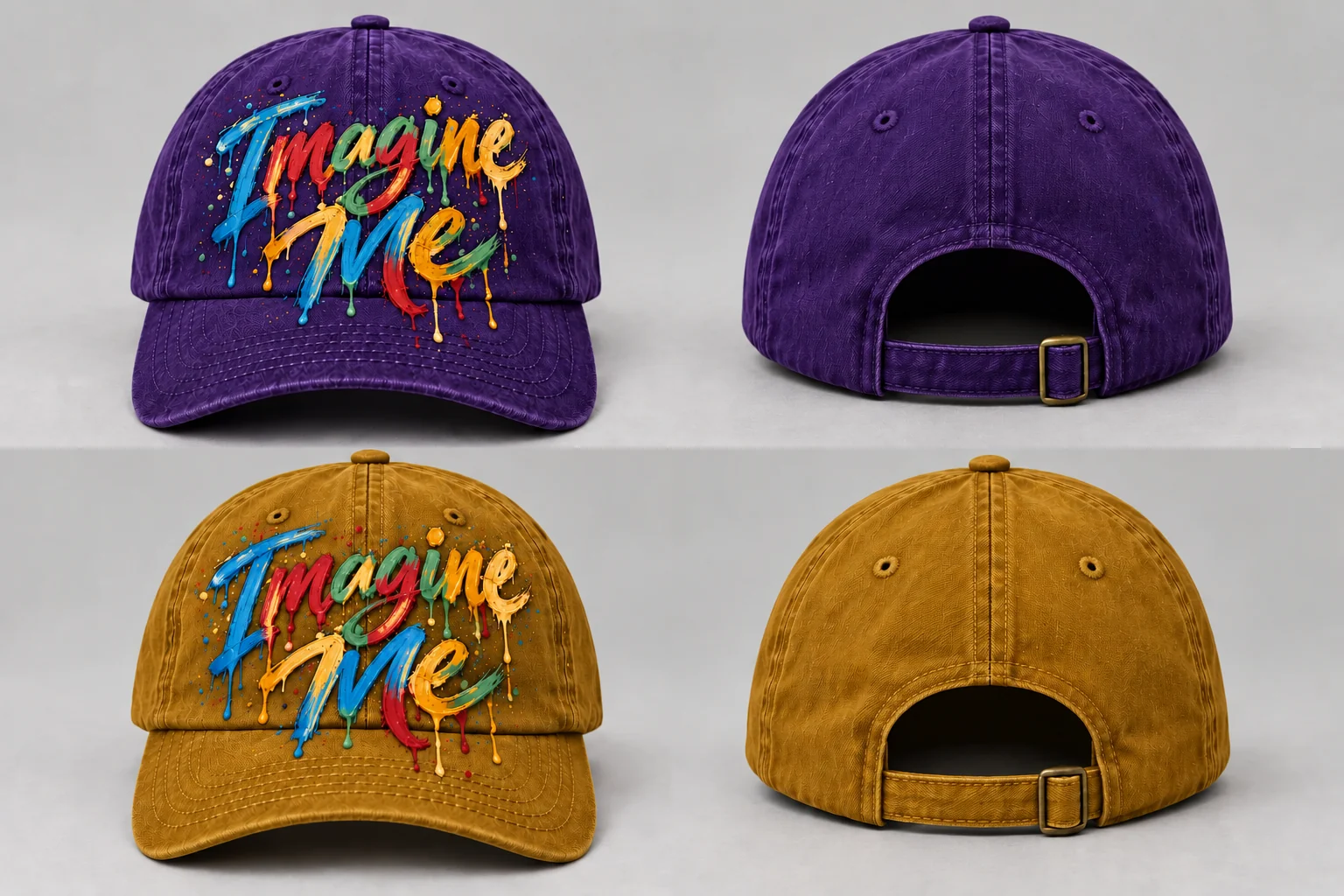 Men’s Hat color concepts showing Royal Purple front and back and Bold Gold front and back