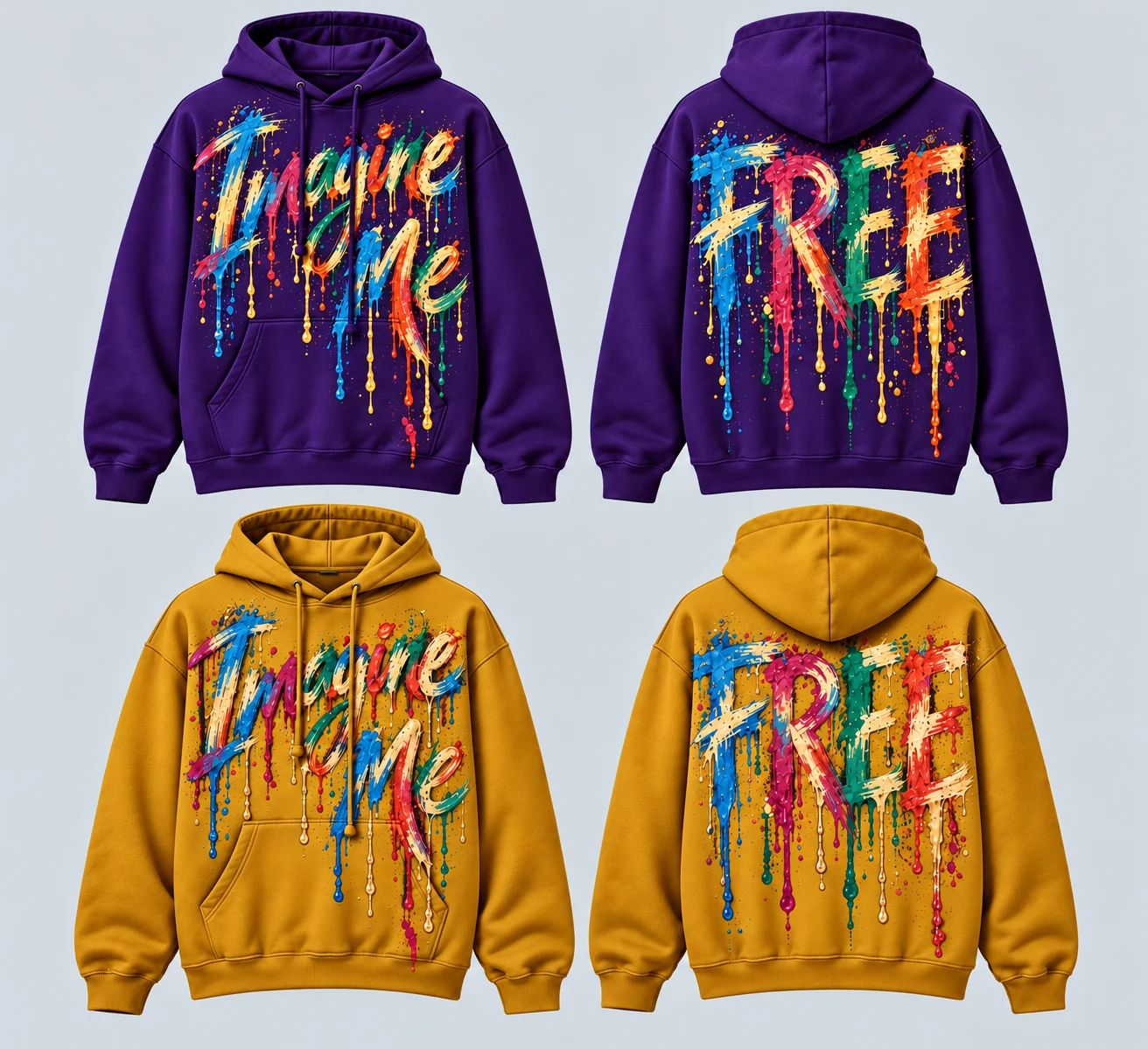 Men’s Hoodie color concepts showing Royal Purple front and back and Bold Gold front and back