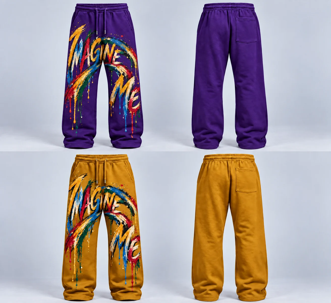 Men’s Sweatpants color concepts showing Royal Purple front and back and Bold Gold front and back