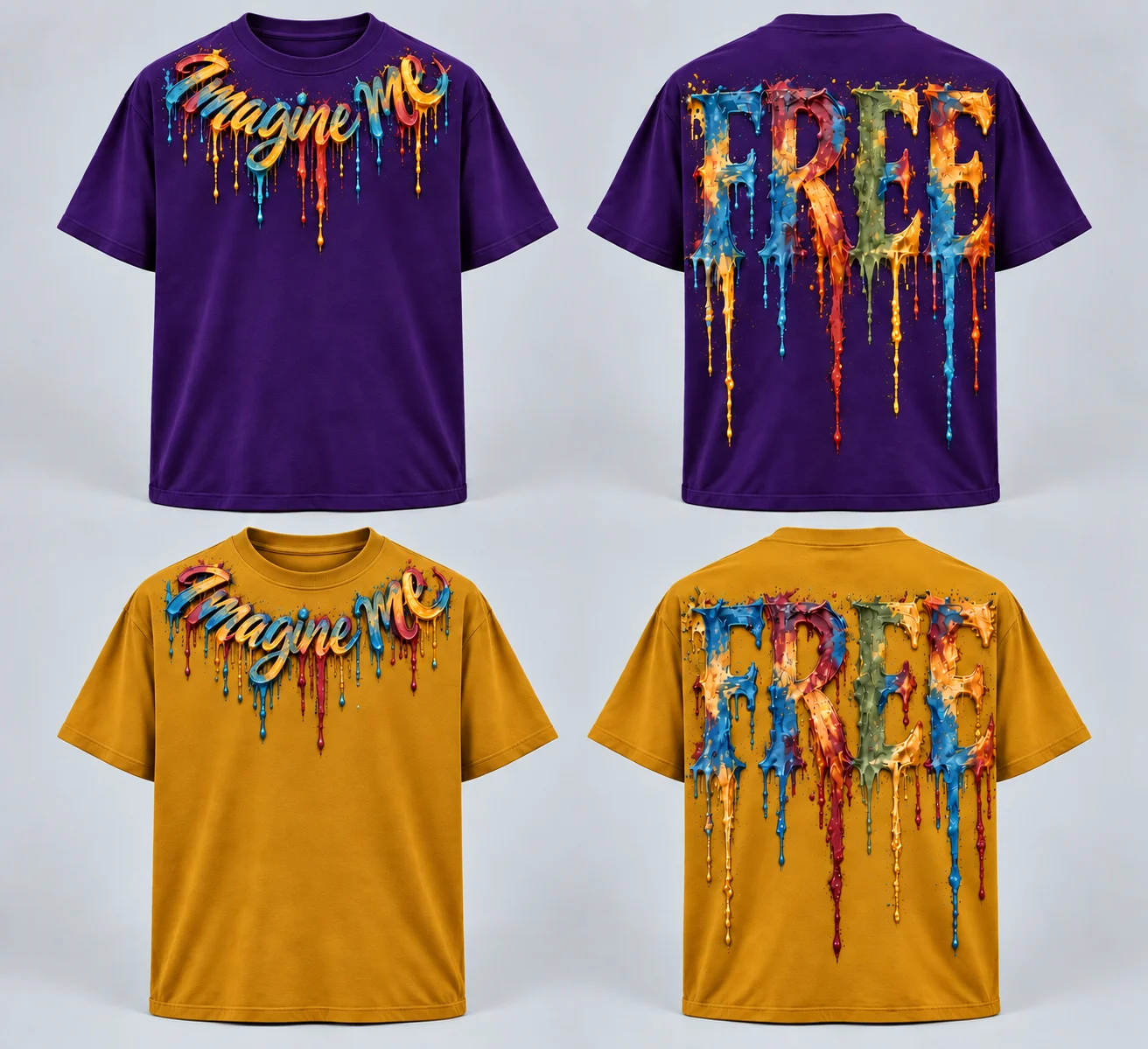 Men’s T-shirt / necklace print color concepts showing Royal Purple front and back and Bold Gold front and back