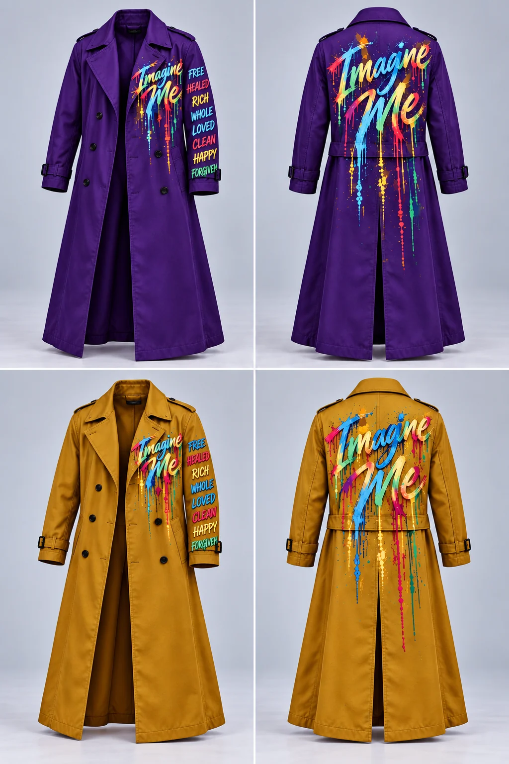 Men’s Fatigue trench coat color concepts showing Royal Purple front and back and Bold Gold front and back