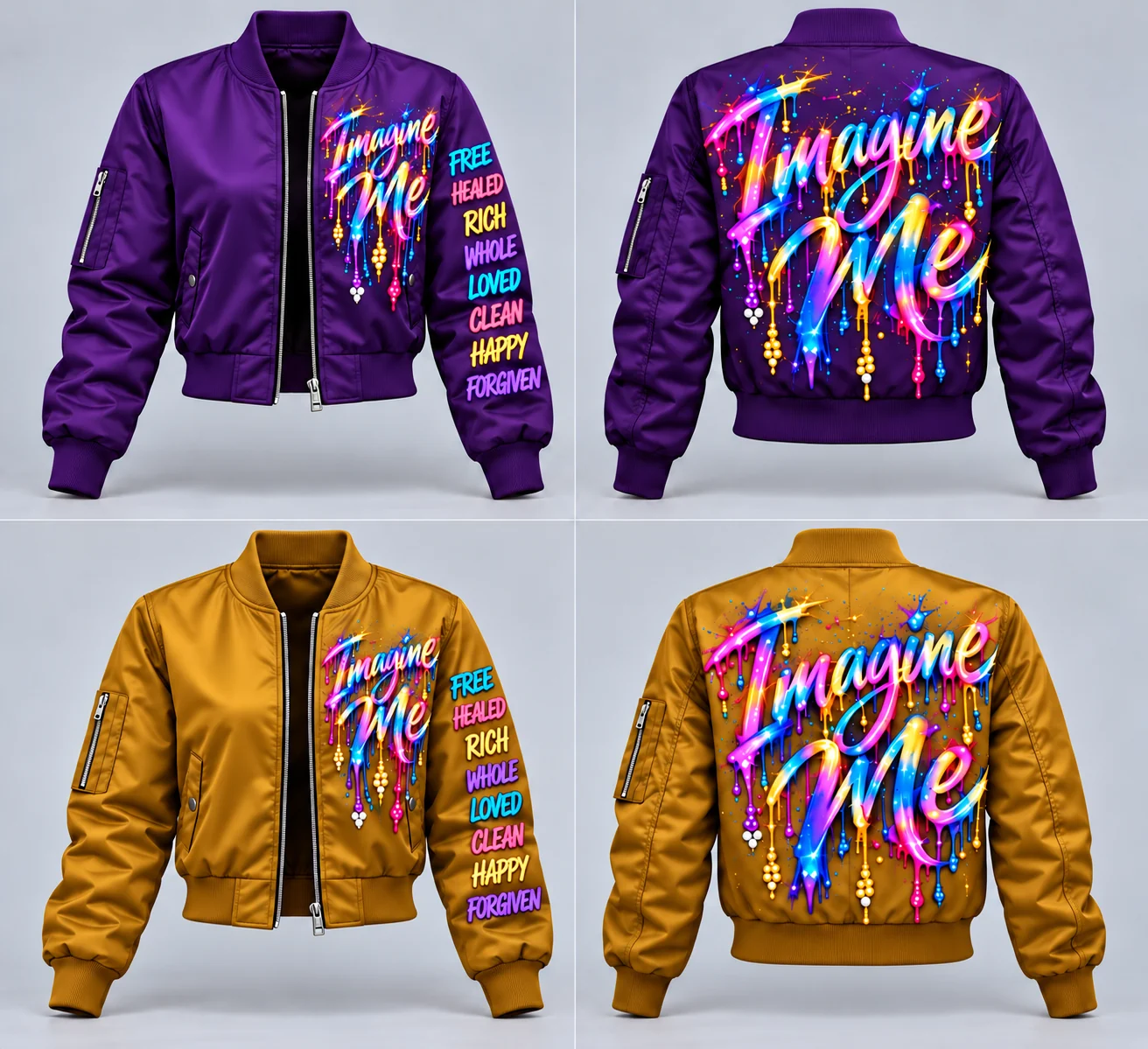 Women’s Bomber jacket color concepts showing Royal Purple front and back and Bold Gold front and back