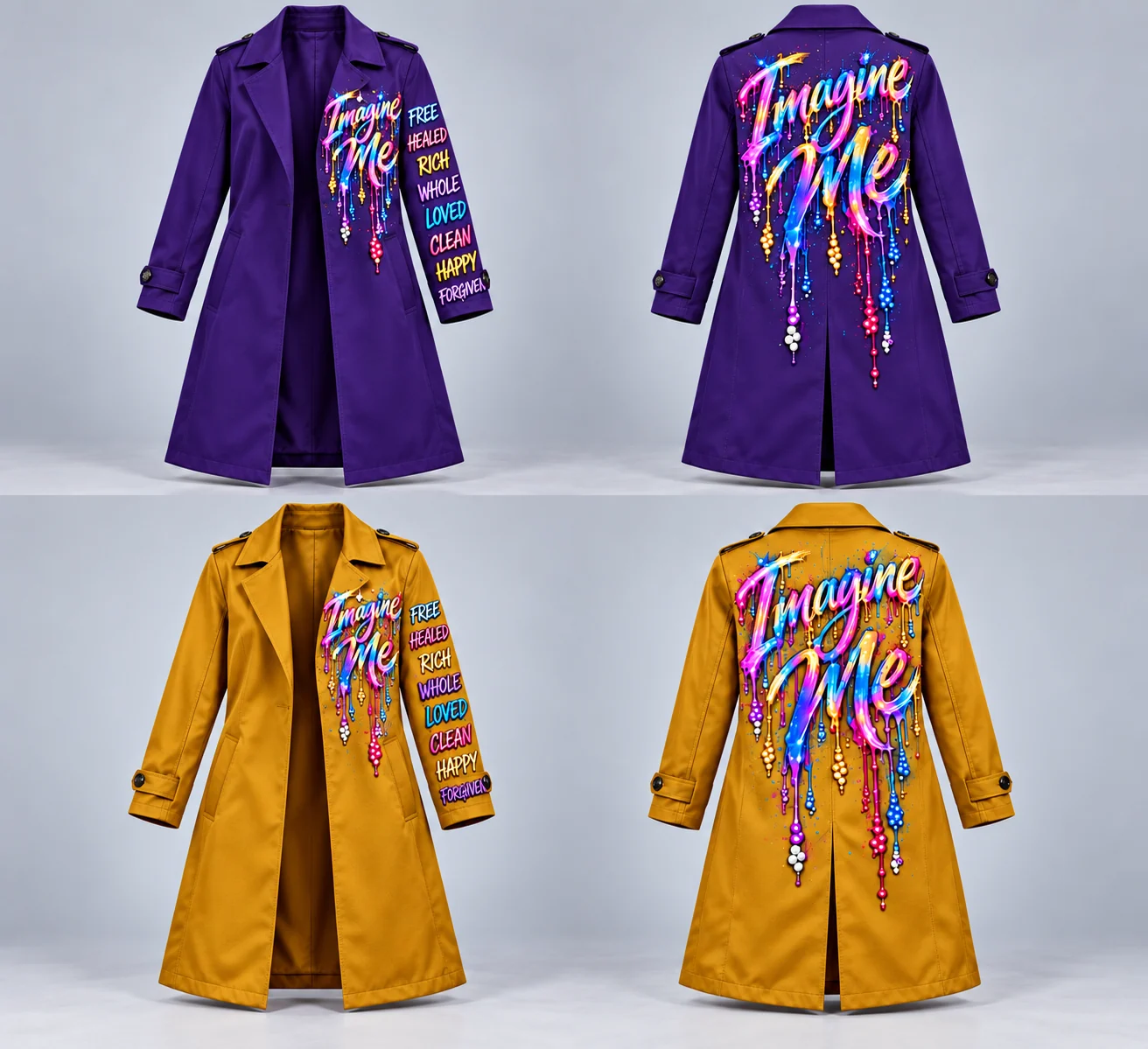 Women’s Casual fatigue trench color concepts showing Royal Purple front and back and Bold Gold front and back