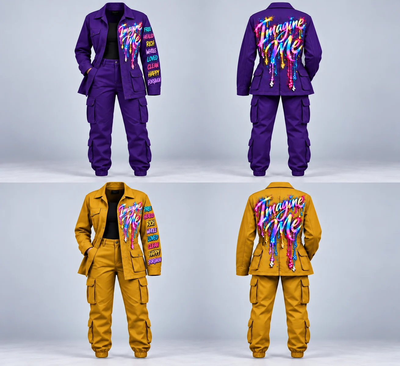 Women’s Fatigue field jacket color concepts showing Royal Purple front and back and Bold Gold front and back
