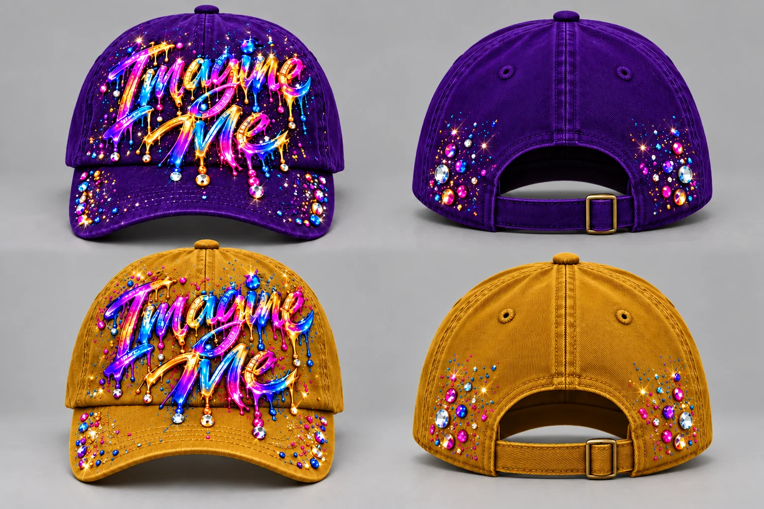 Women’s Hat color concepts showing Royal Purple front and back and Bold Gold front and back