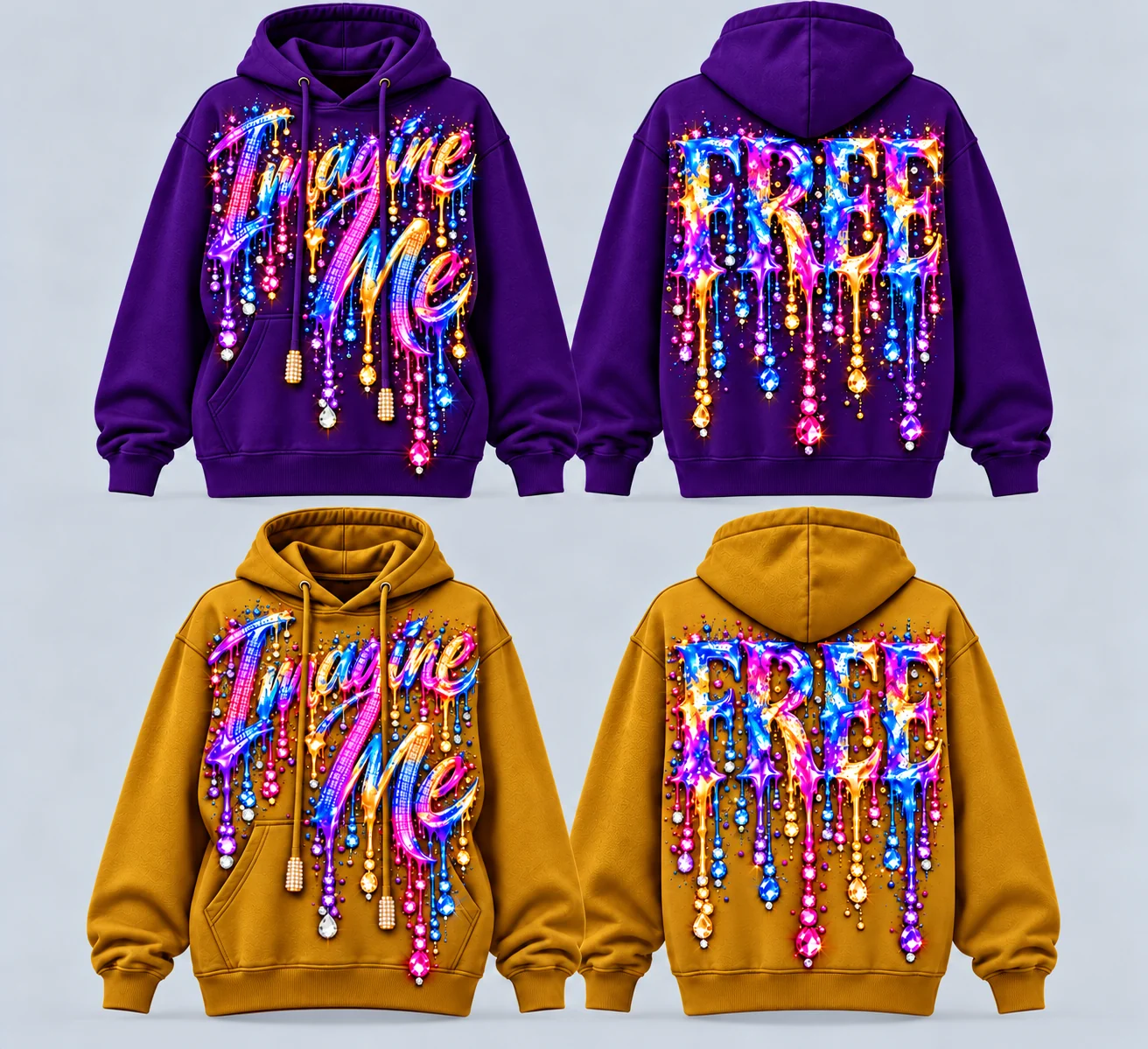 Women’s Hoodie color concepts showing Royal Purple front and back and Bold Gold front and back