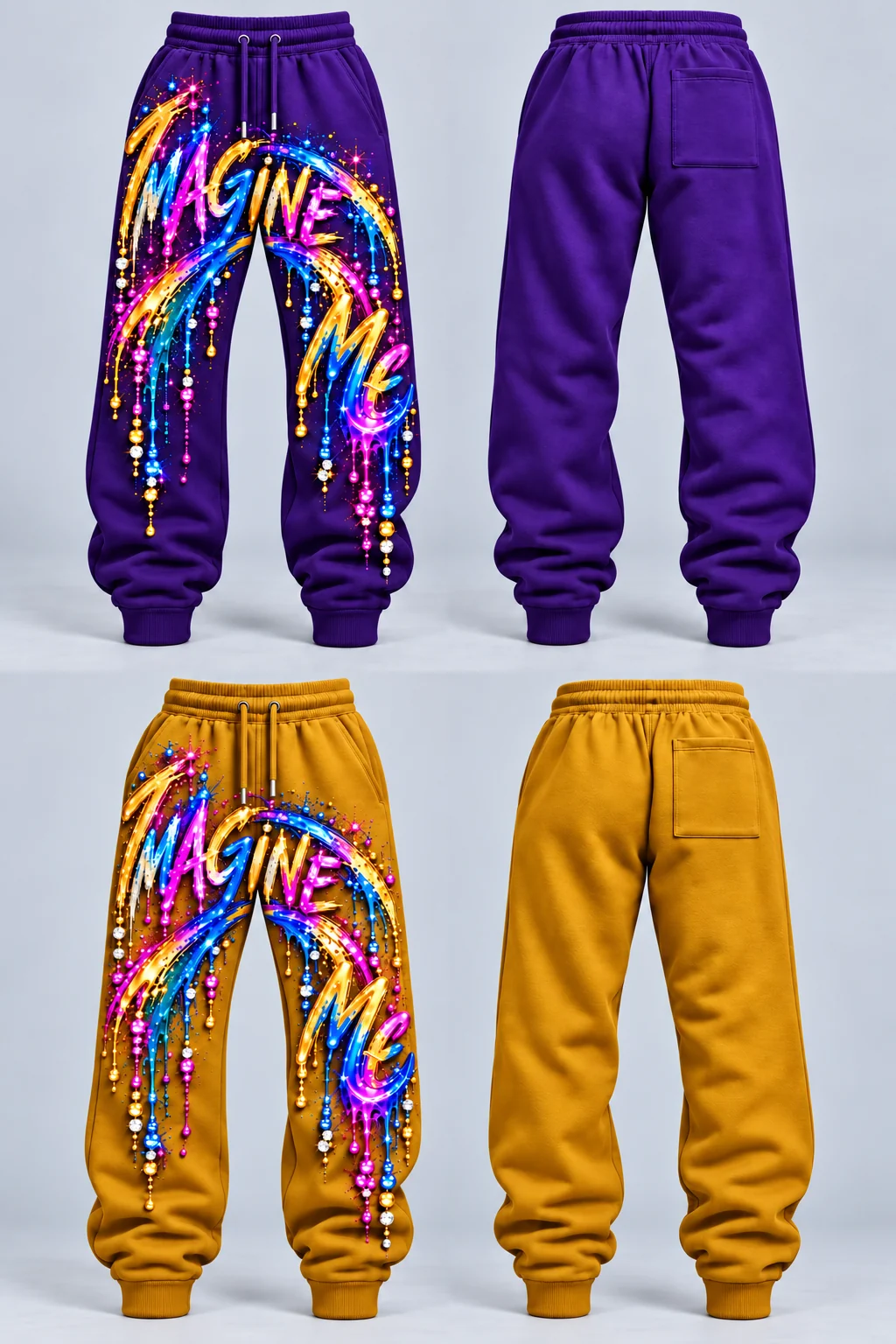 Women’s Sweatpants color concepts showing Royal Purple front and back and Bold Gold front and back