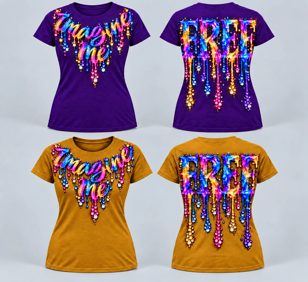 Women’s T-shirt / necklace print color concepts showing Royal Purple front and back and Bold Gold front and back