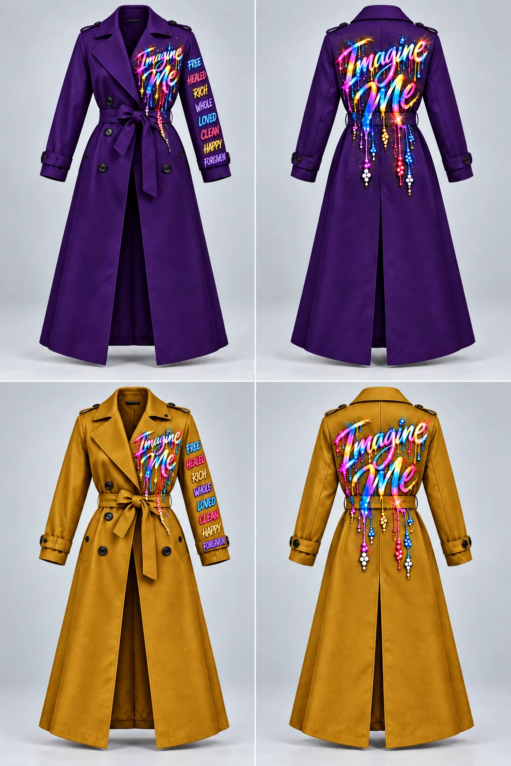 Women’s Fatigue trench coat color concepts showing Royal Purple front and back and Bold Gold front and back