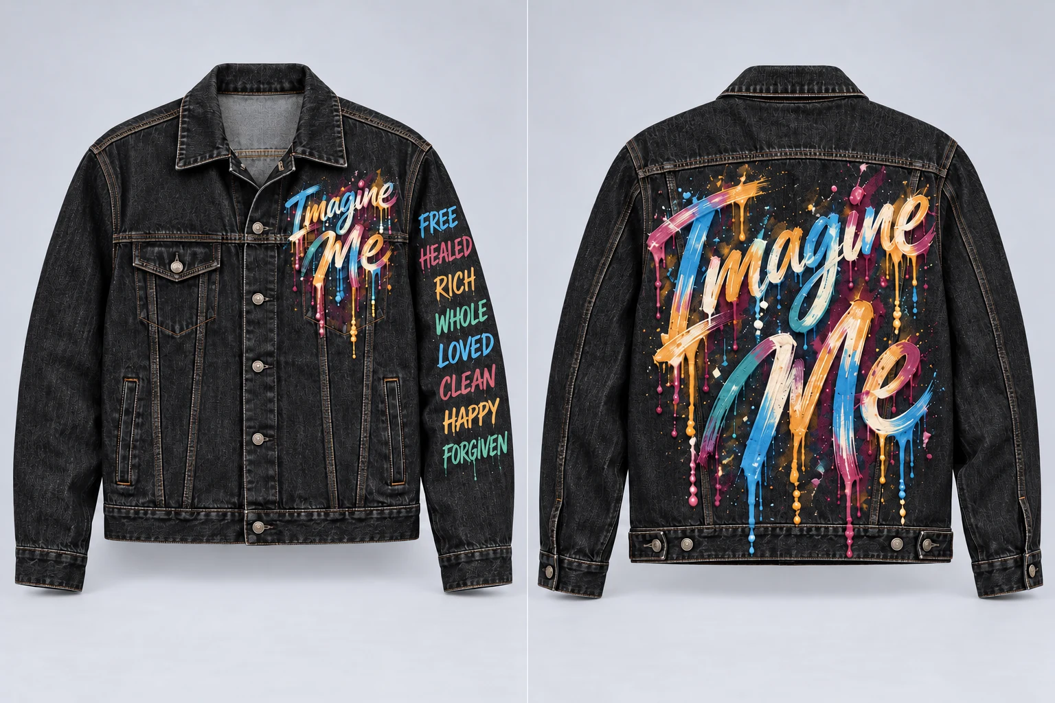Full front and back of men's black denim jacket with readable Imagine Me on front and back, and the eight declaration words on one sleeve, natural muted brush paint