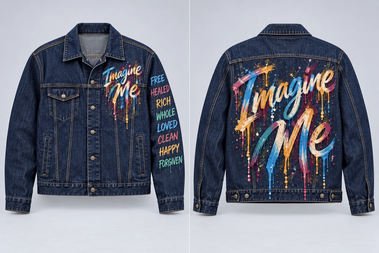 Full front and back of men's blue denim jacket with readable Imagine Me on front and back, and the eight declaration words on one sleeve, natural muted brush paint