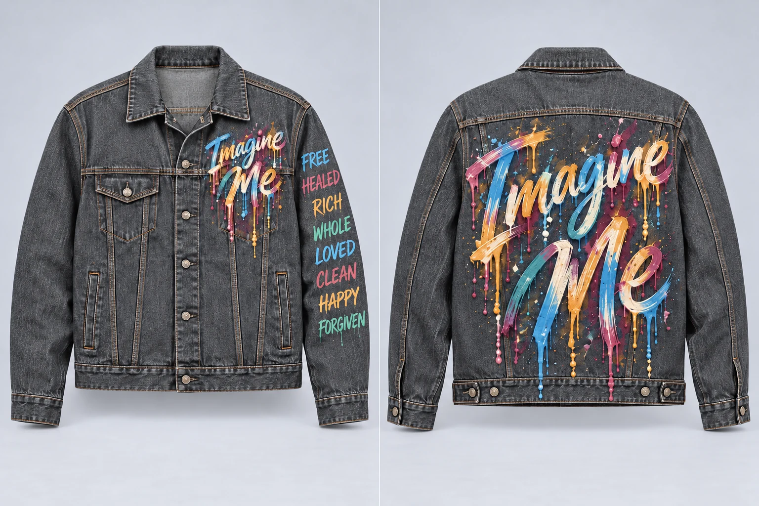 Full front and back of men's grey denim jacket with readable Imagine Me on front and back, and the eight declaration words on one sleeve, natural muted brush paint