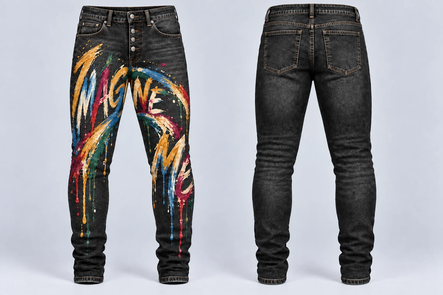 Full front and back of men's black denim jeans with Imagine Me flowing across both front legs, with a plain back, natural muted brush paint