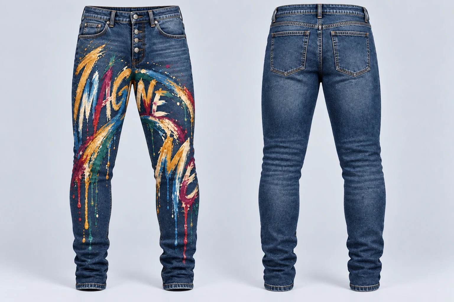Full front and back of men's blue denim jeans with Imagine Me flowing across both front legs, with a plain back, natural muted brush paint