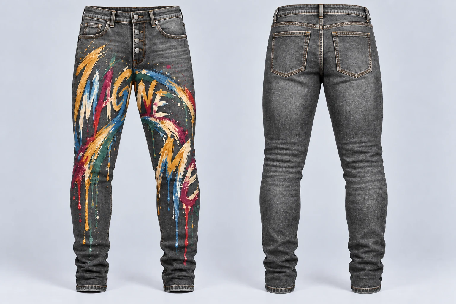 Full front and back of men's grey denim jeans with Imagine Me flowing across both front legs, with a plain back, natural muted brush paint
