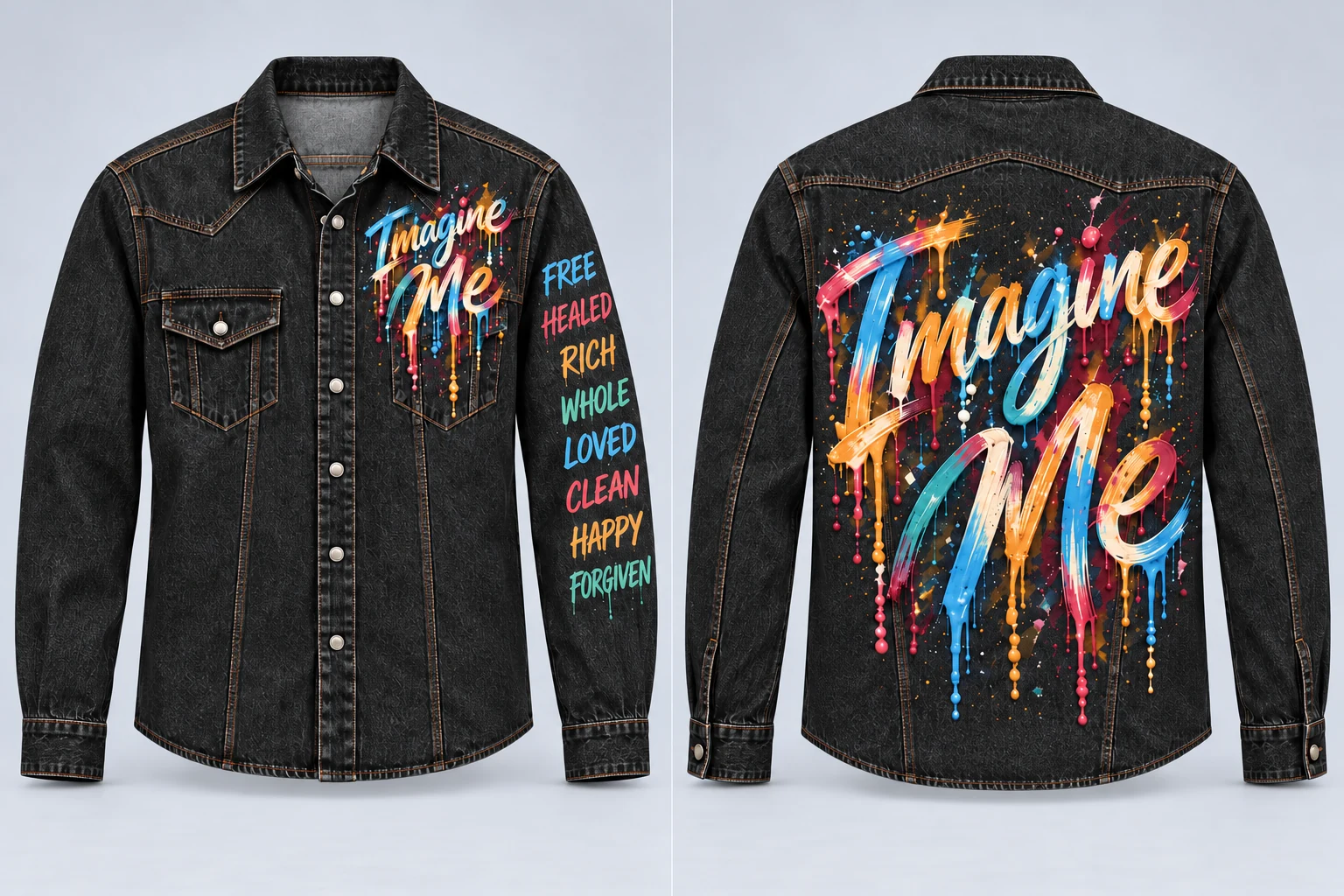 Full front and back of men's black fitted button-up denim shirt with Imagine Me paint on front and back and eight declaration words on one sleeve