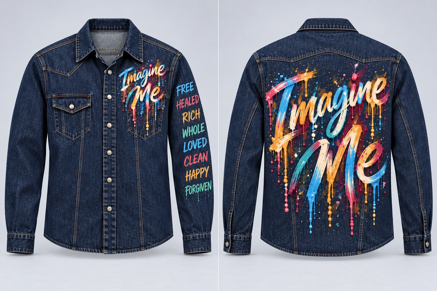 Full front and back of men's blue fitted button-up denim shirt with Imagine Me paint on front and back and eight declaration words on one sleeve