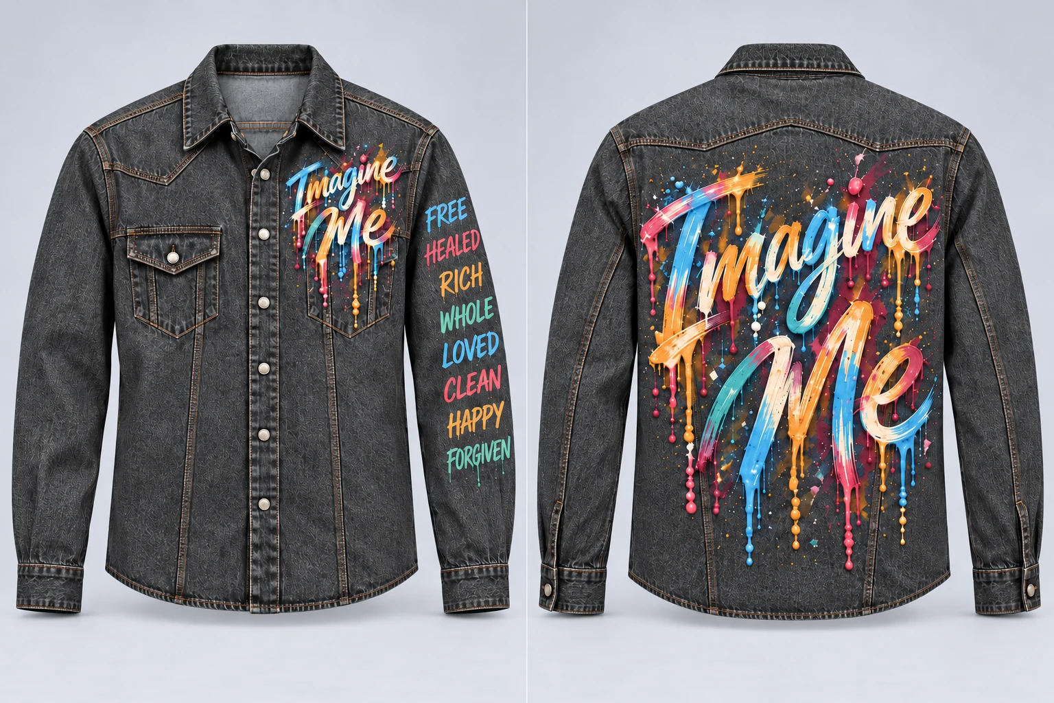 Full front and back of men's grey fitted button-up denim shirt with Imagine Me paint on front and back and eight declaration words on one sleeve