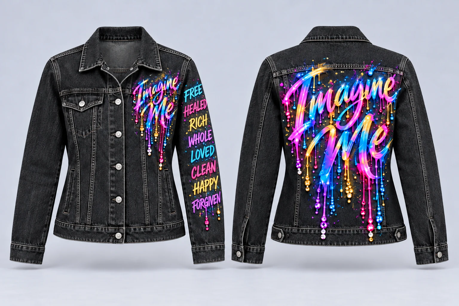 Full front and back of women's black denim jacket with readable Imagine Me on front and back, and the eight declaration words on one sleeve, rhinestone details