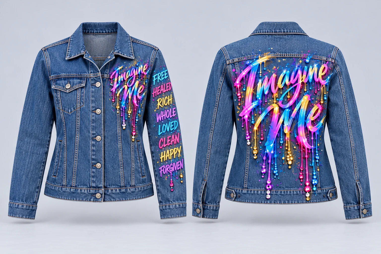 Full front and back of women's blue denim jacket with readable Imagine Me on front and back, and the eight declaration words on one sleeve, rhinestone details