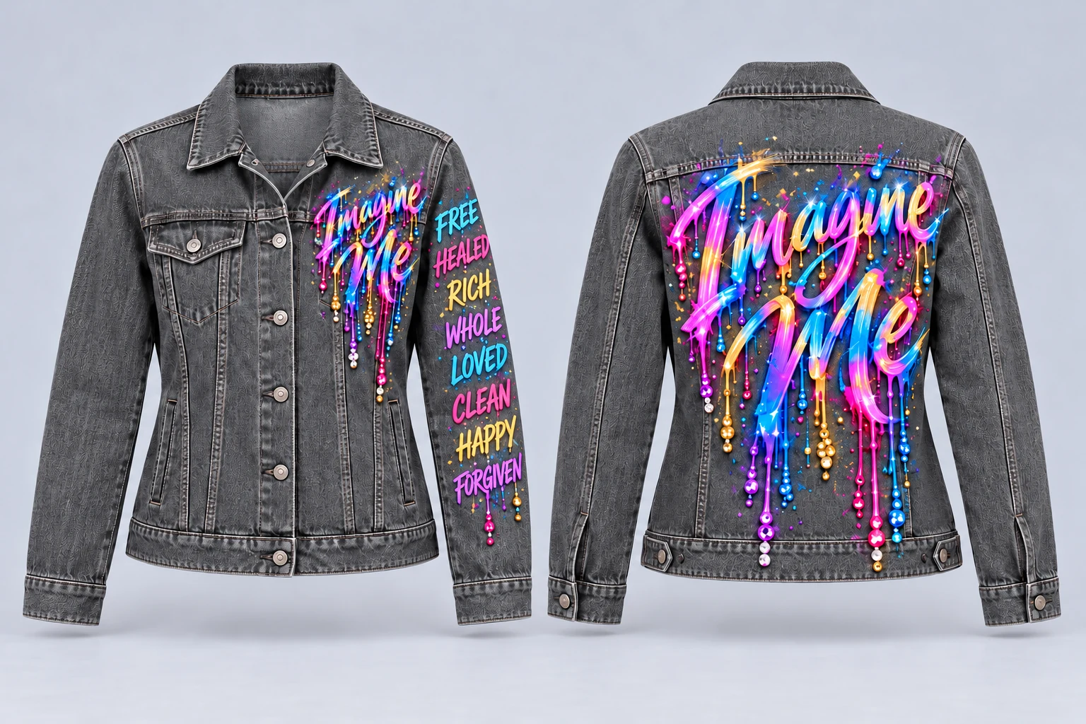 Full front and back of women's grey denim jacket with readable Imagine Me on front and back, and the eight declaration words on one sleeve, rhinestone details