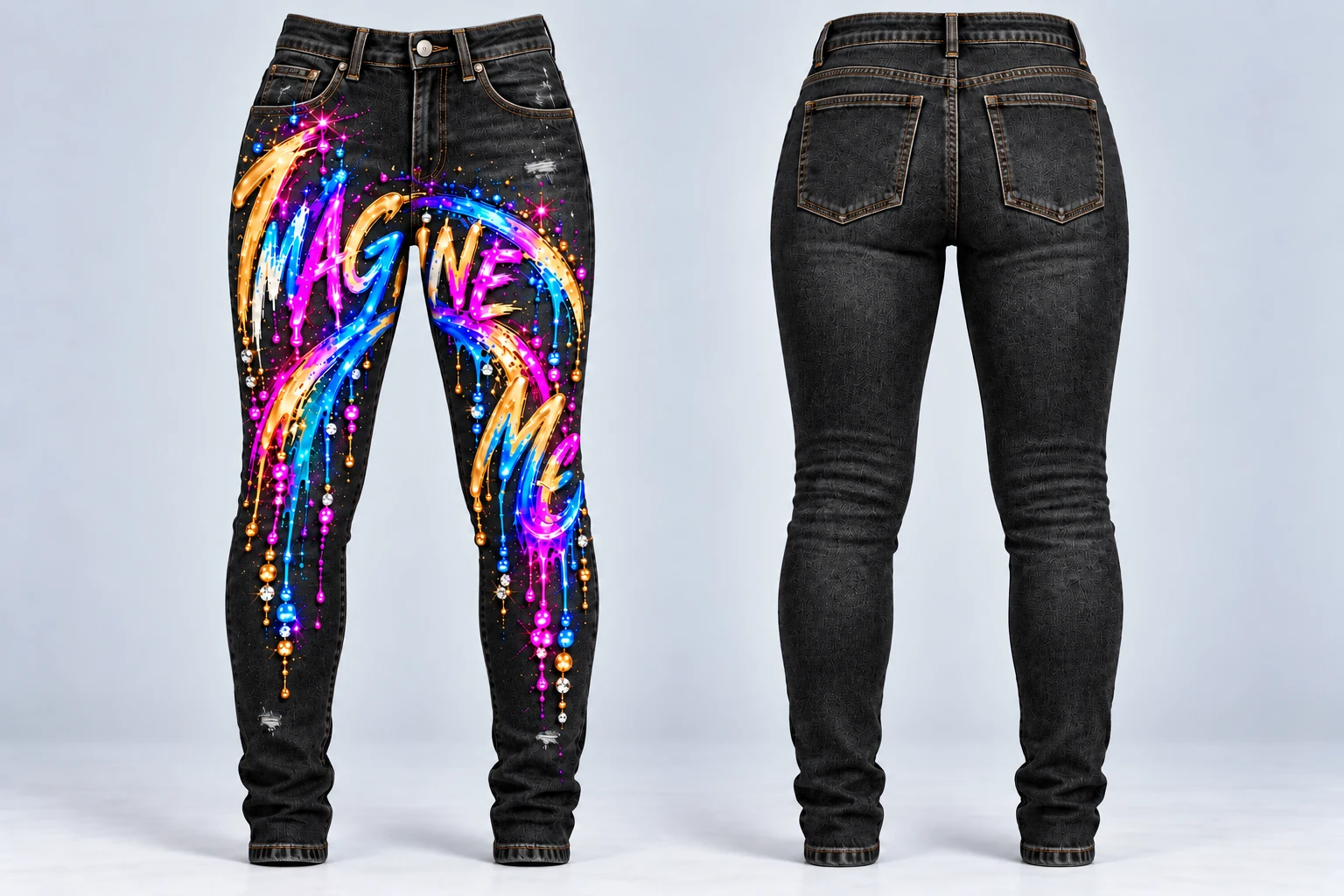 Full front and back of women's black denim jeans with Imagine Me flowing across both front legs, with a plain back, rhinestone details