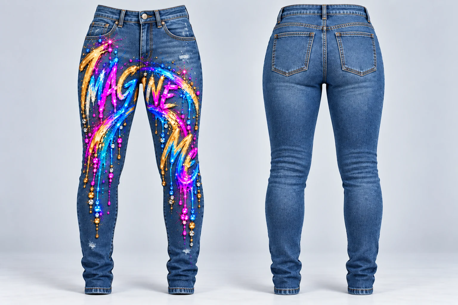 Full front and back of women's blue denim jeans with Imagine Me flowing across both front legs, with a plain back, rhinestone details