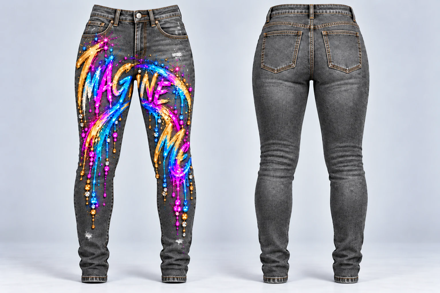 Full front and back of women's grey denim jeans with Imagine Me flowing across both front legs, with a plain back, rhinestone details