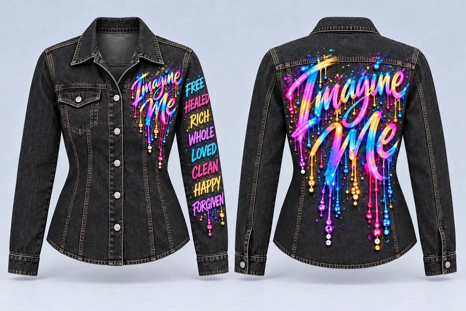 Full front and back of women's black fitted button-up denim shirt with Imagine Me paint on front and back and eight declaration words on one sleeve