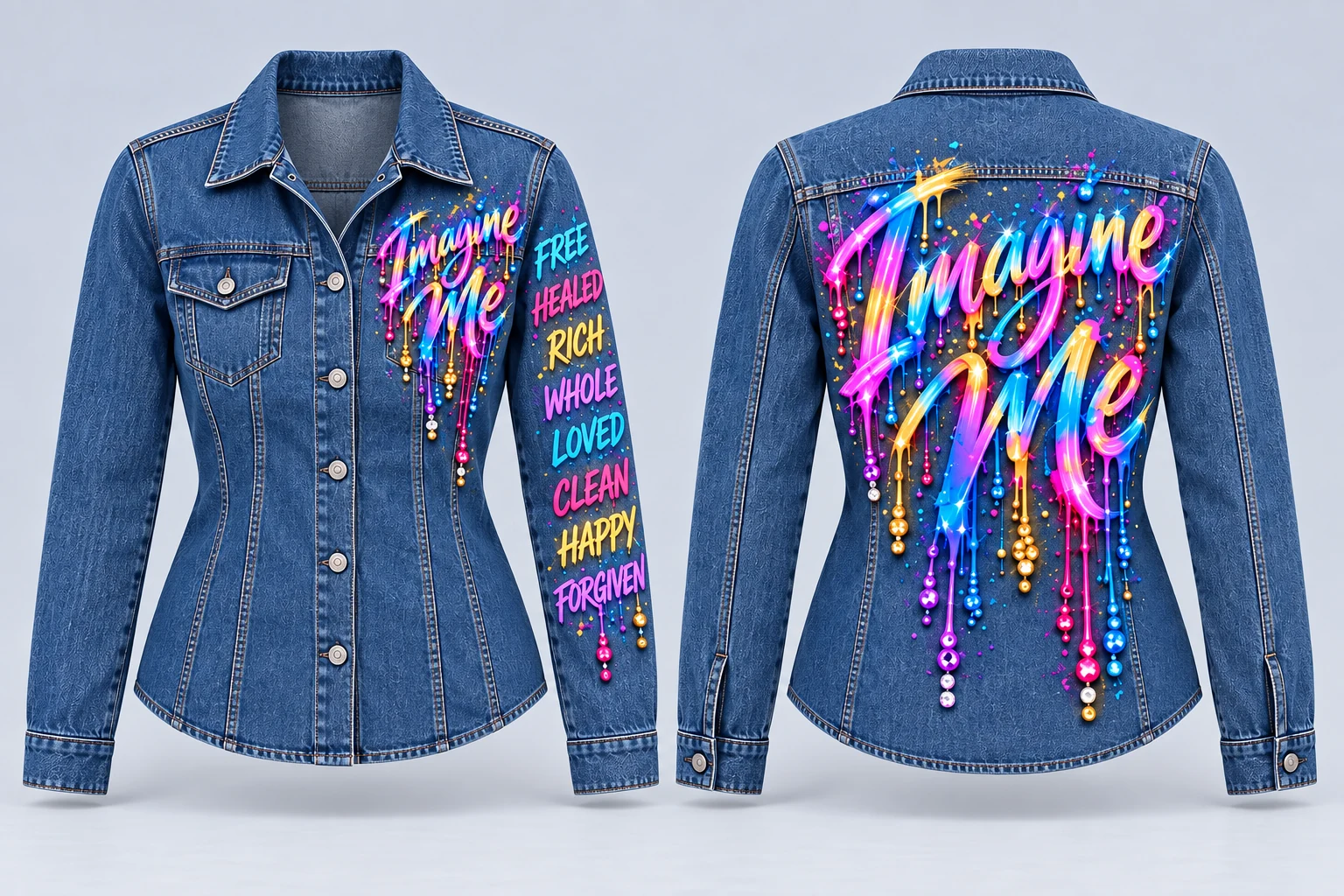 Full front and back of women's blue fitted button-up denim shirt with Imagine Me paint on front and back and eight declaration words on one sleeve