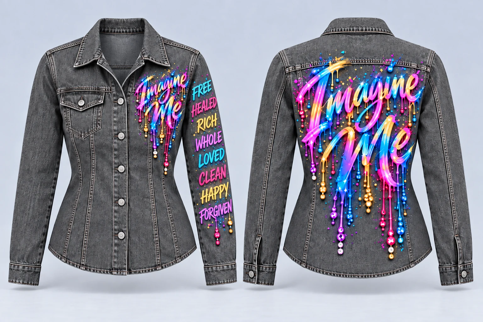 Full front and back of women's grey fitted button-up denim shirt with Imagine Me paint on front and back and eight declaration words on one sleeve