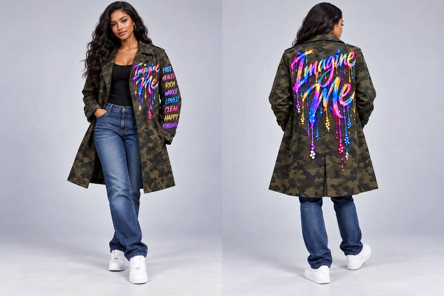 Full front and back of women’s colorful rhinestone Imagine Me casual fatigue trench, with declaration words on one sleeve