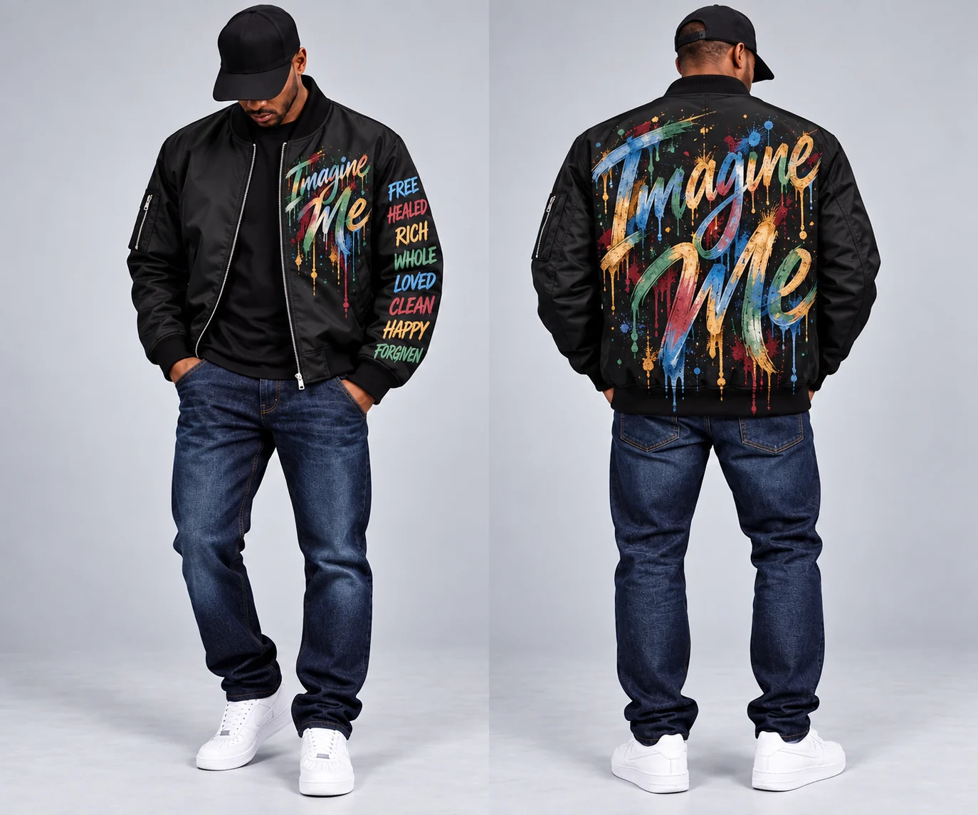 Full front and back of men’s natural muted hand-painted Imagine Me bomber jacket, with declaration words on one sleeve