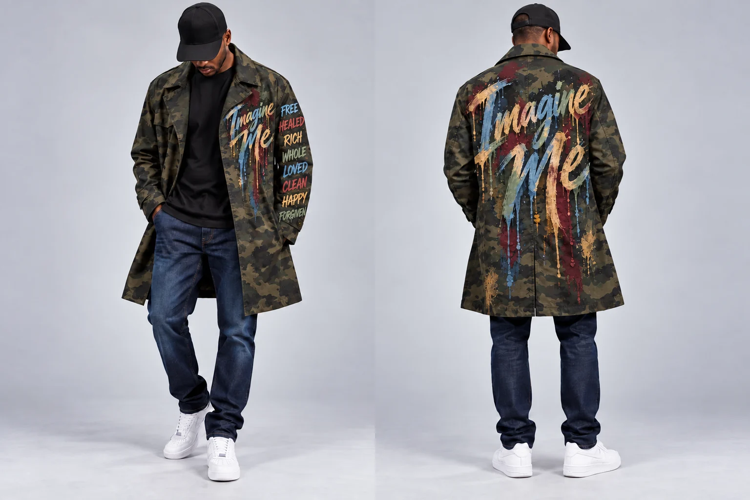 Full front and back of men’s natural muted hand-painted Imagine Me casual fatigue trench, with declaration words on one sleeve