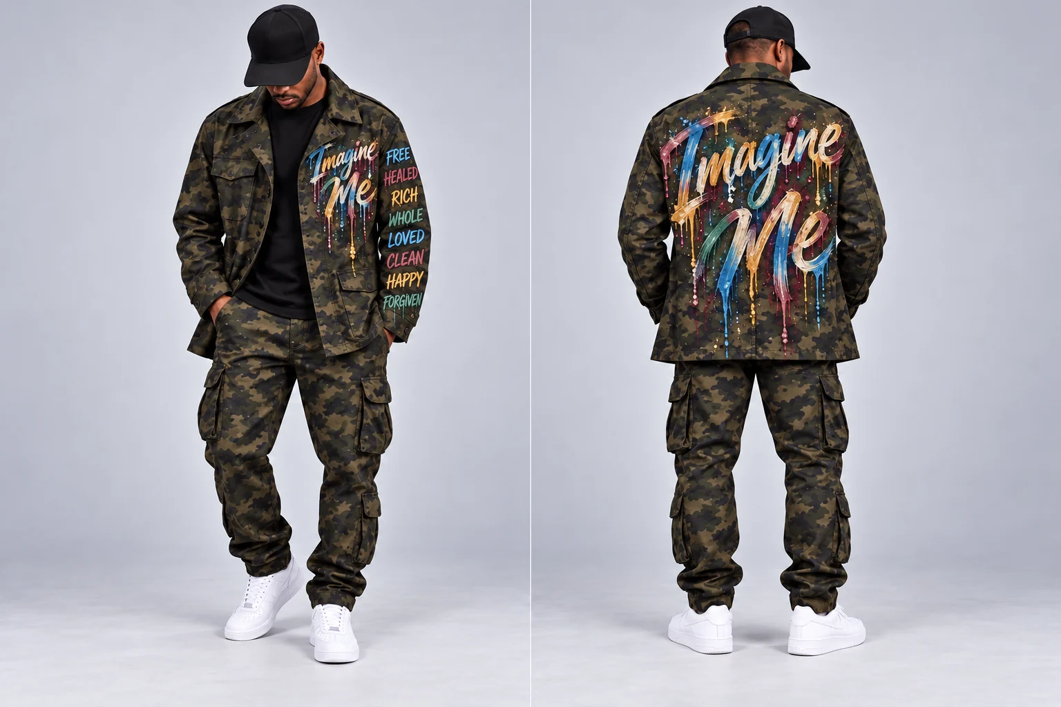 Full front and back of men’s natural muted hand-painted Imagine Me fatigue field jacket, with declaration words on one sleeve