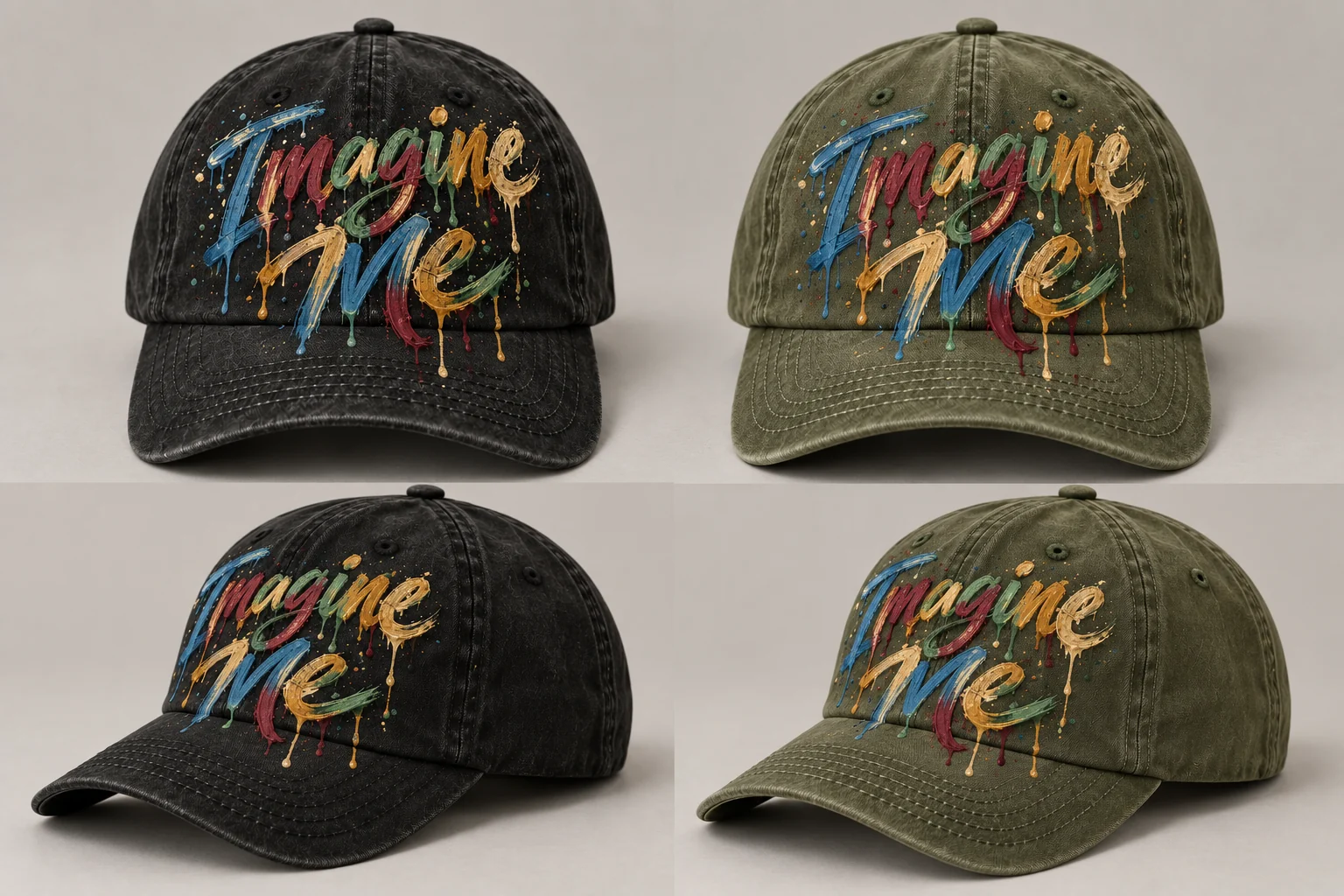 Black and olive men’s Imagine Me hats with natural hand-painted lettering and drips