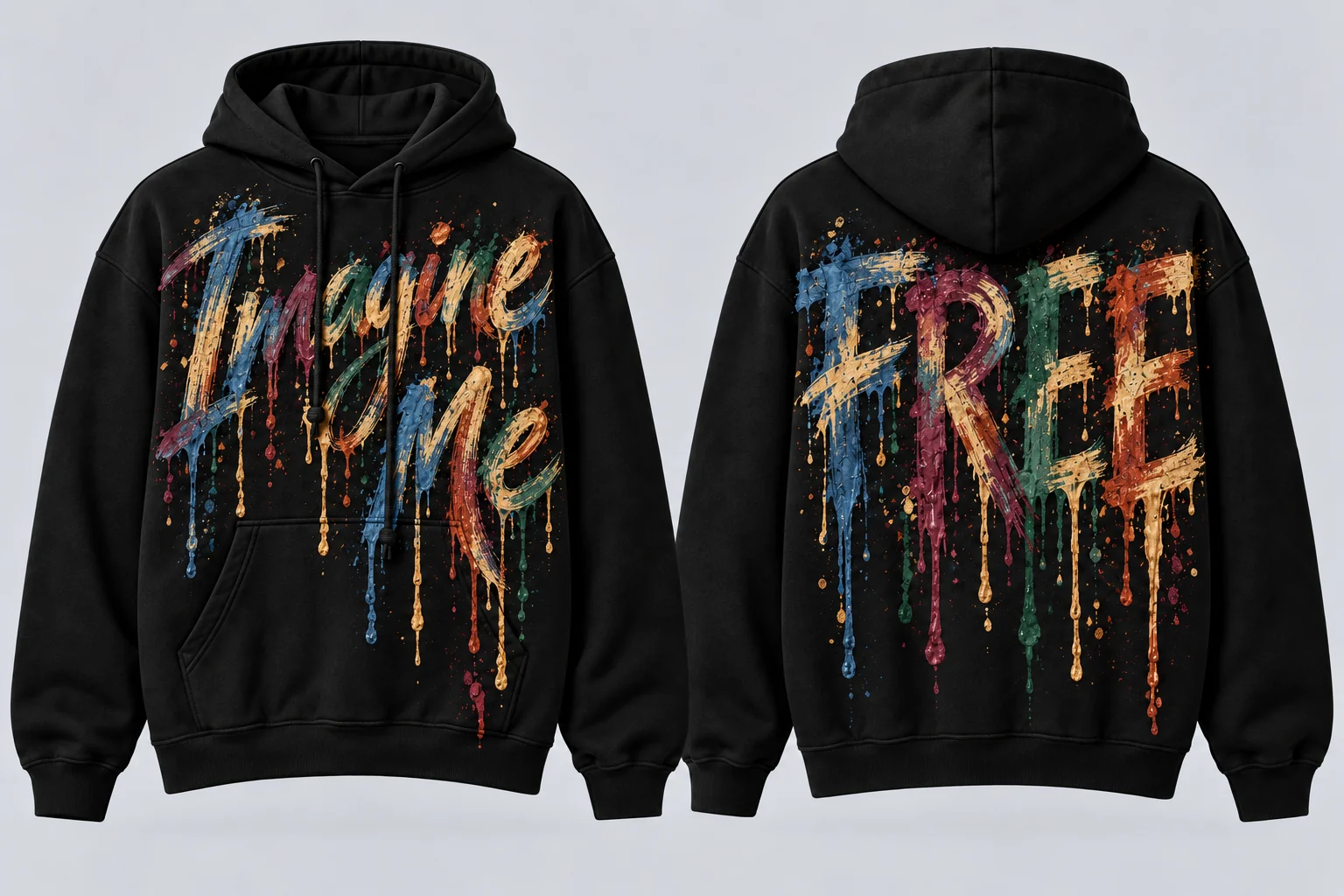 Men’s Imagine Me hoodie, front with natural painted lettering and back reading Free
