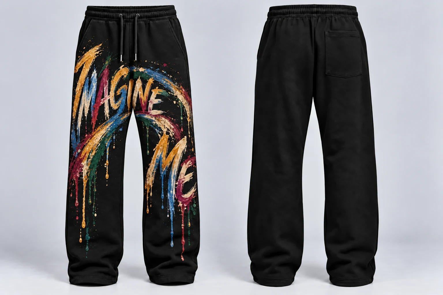 Men’s Imagine Me sweatpants with Imagine on one front leg and Me on the other, connected by a rainbow brush arc; plain back
