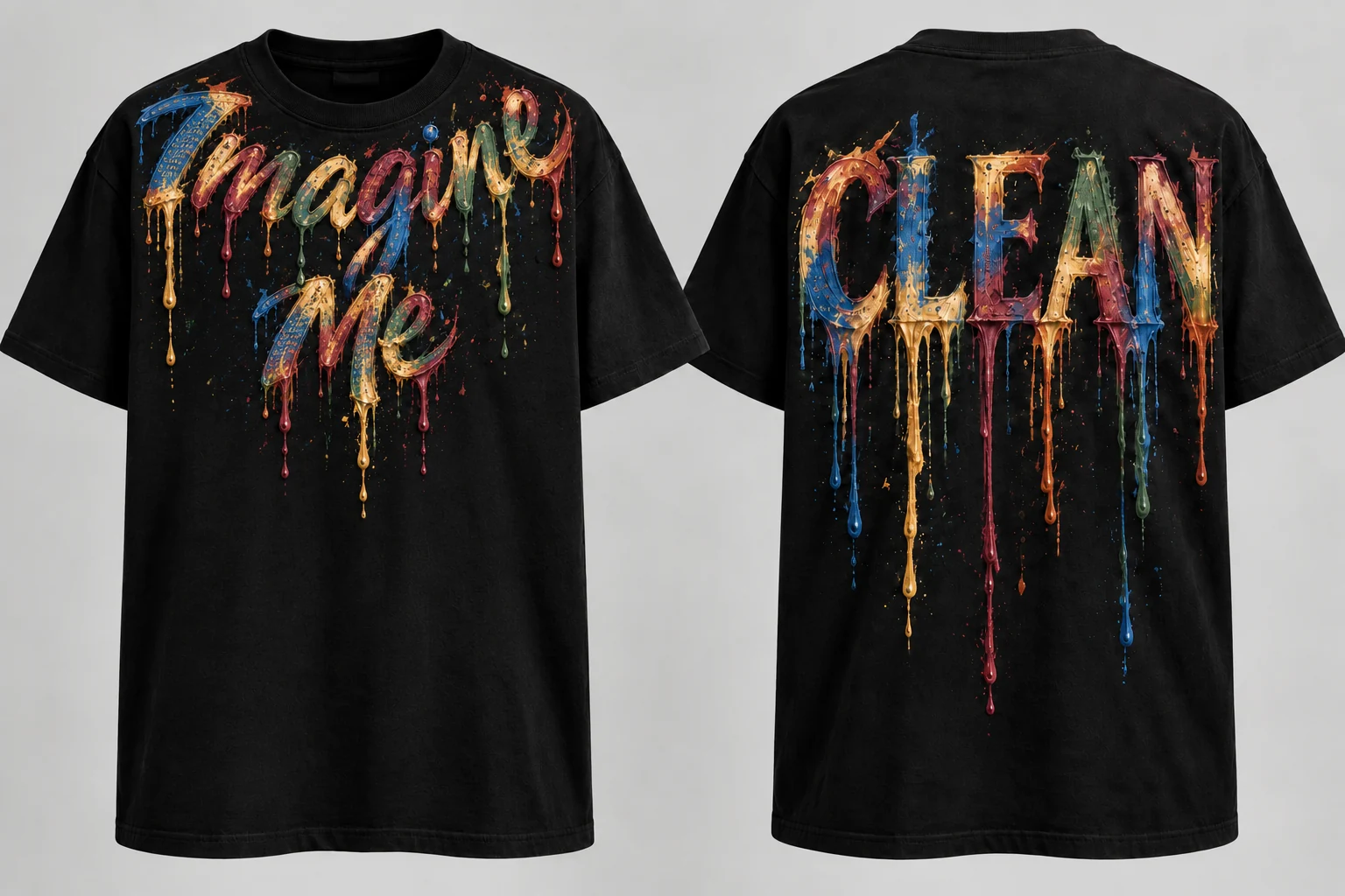Men’s Imagine Me T-shirt with necklace-style painted lettering near the front collar and CLEAN on the back