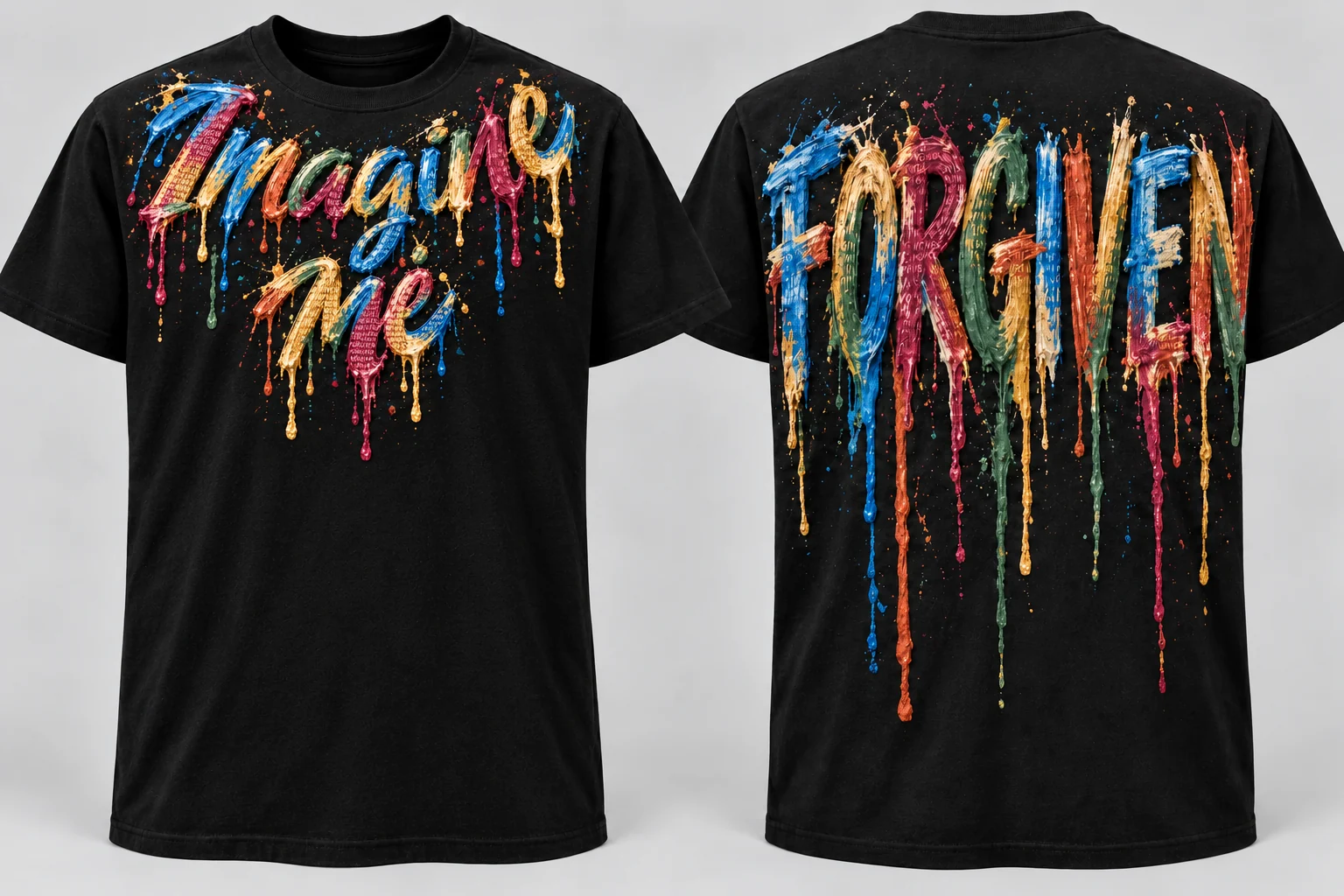 Men’s Imagine Me T-shirt with necklace-style painted lettering near the front collar and FORGIVEN on the back