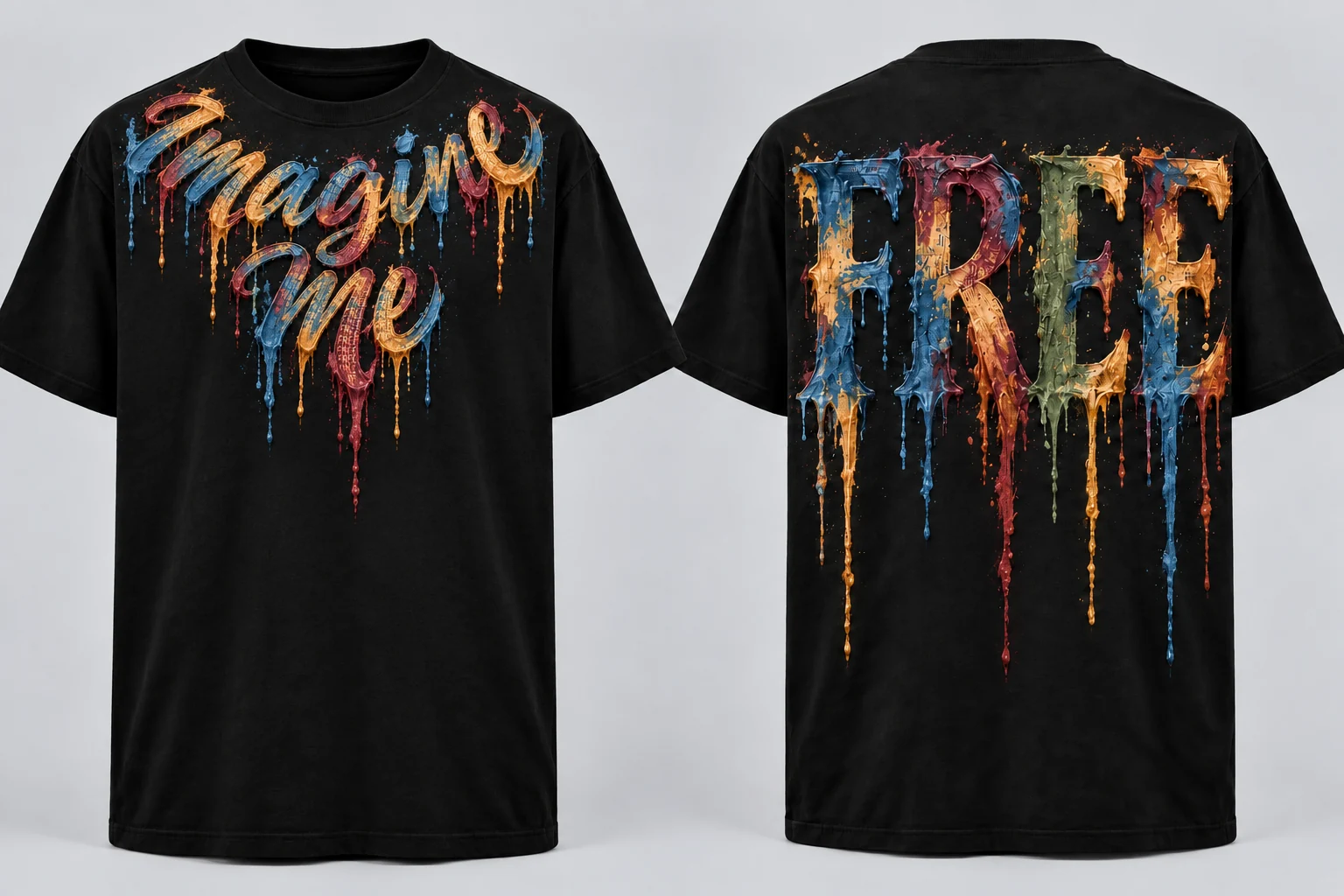 Men’s Imagine Me T-shirt with necklace-style painted lettering near the front collar and FREE on the back
