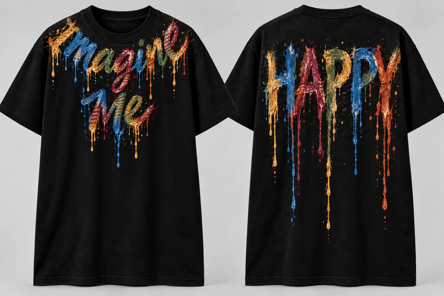 Men’s Imagine Me T-shirt with necklace-style painted lettering near the front collar and HAPPY on the back