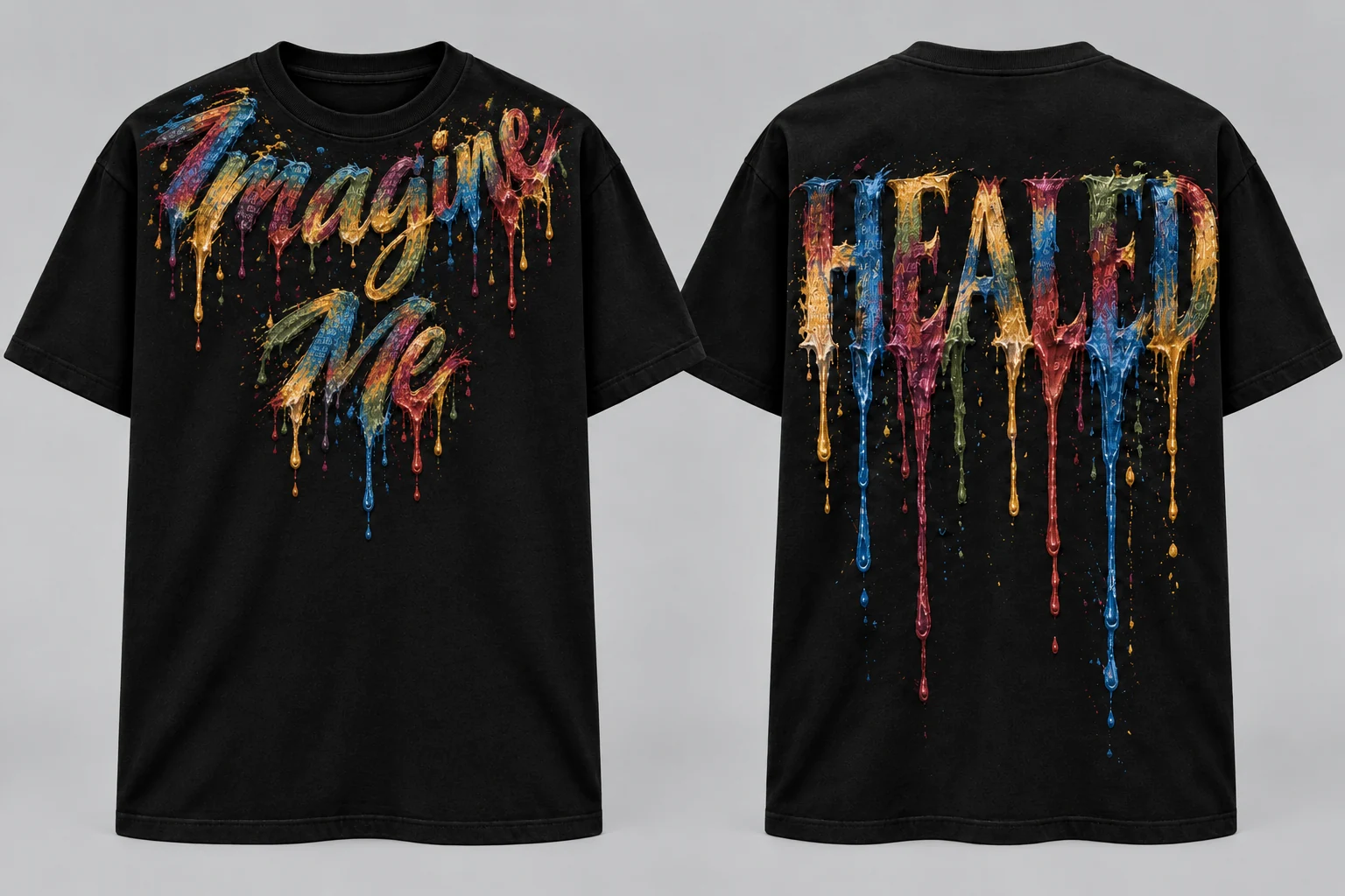 Men’s Imagine Me T-shirt with necklace-style painted lettering near the front collar and HEALED on the back