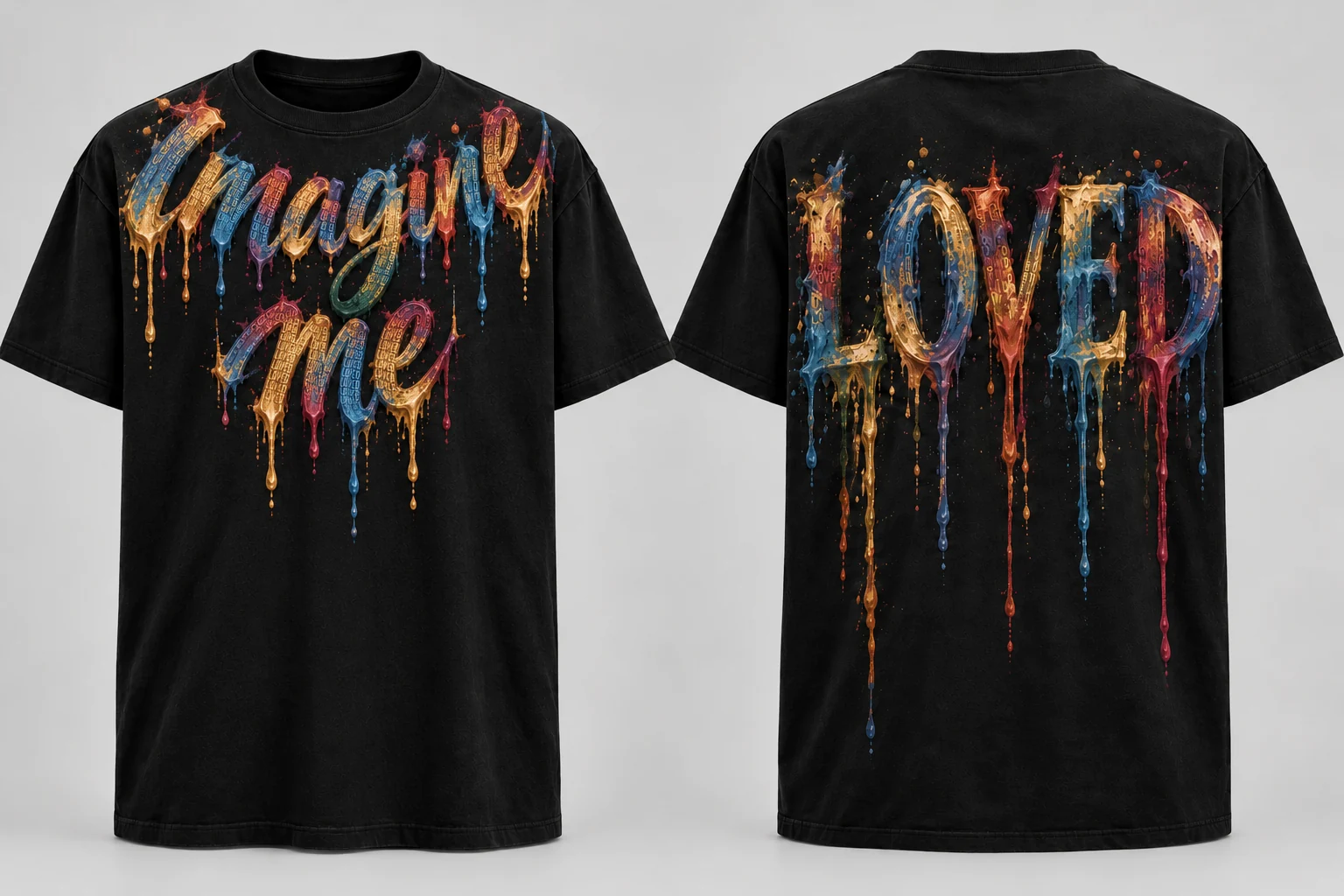 Men’s Imagine Me T-shirt with necklace-style painted lettering near the front collar and LOVED on the back