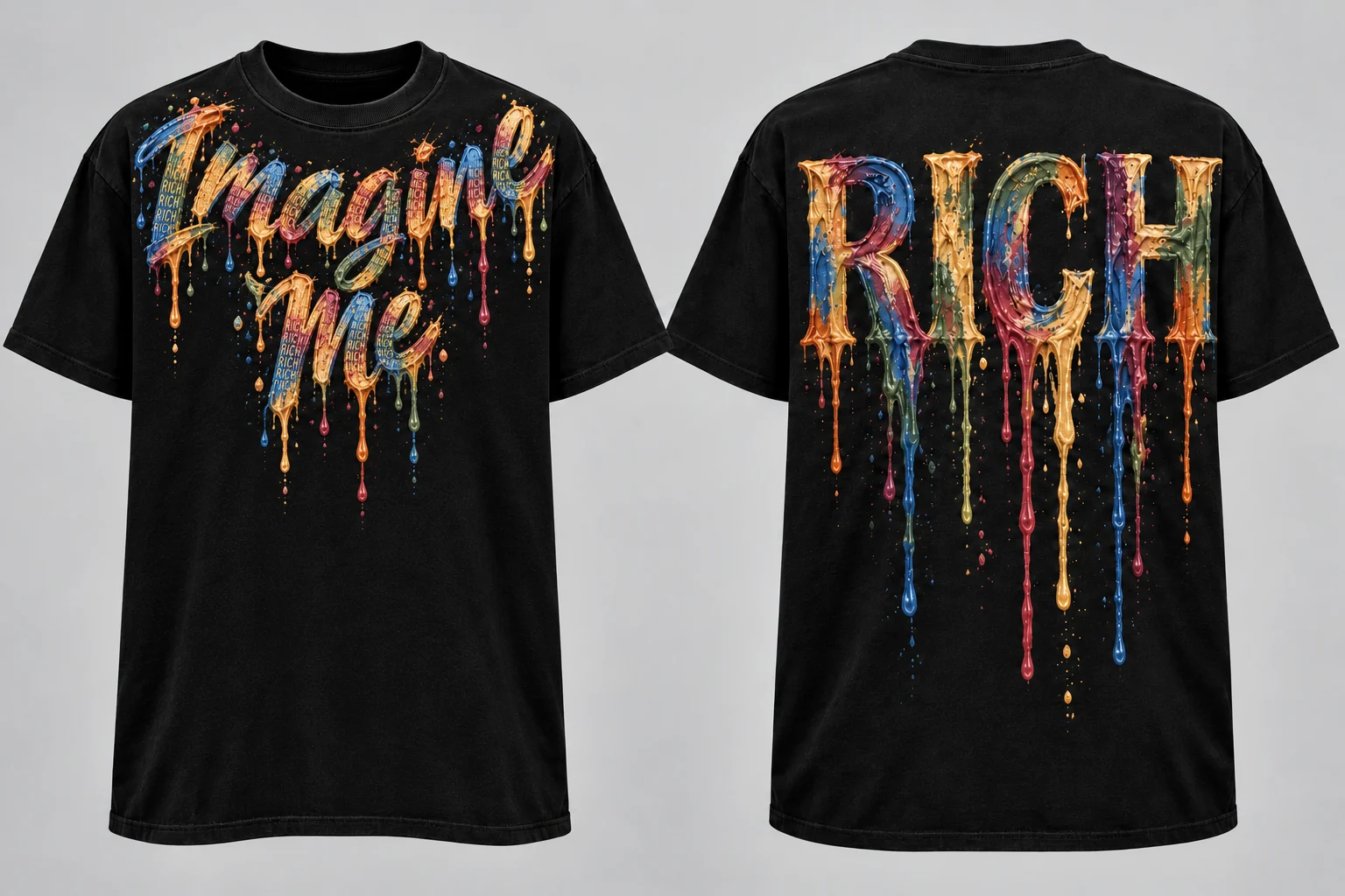 Men’s Imagine Me T-shirt with necklace-style painted lettering near the front collar and RICH on the back