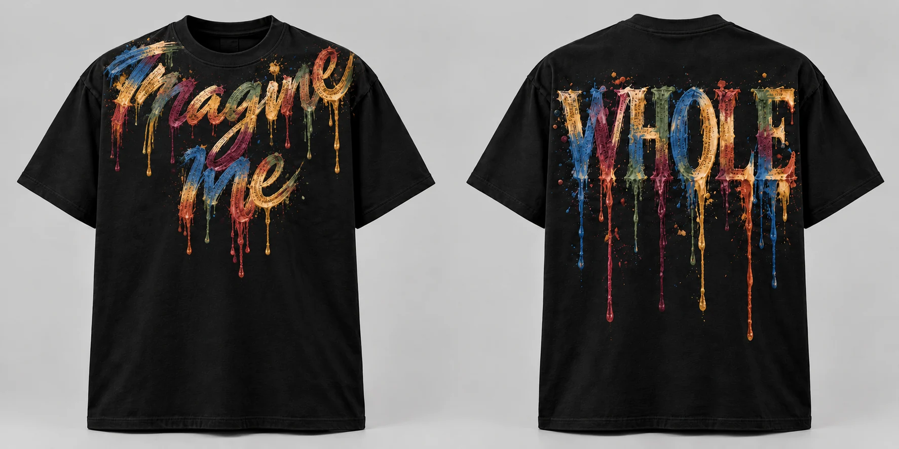 Men’s Imagine Me T-shirt with necklace-style painted lettering near the front collar and WHOLE on the back