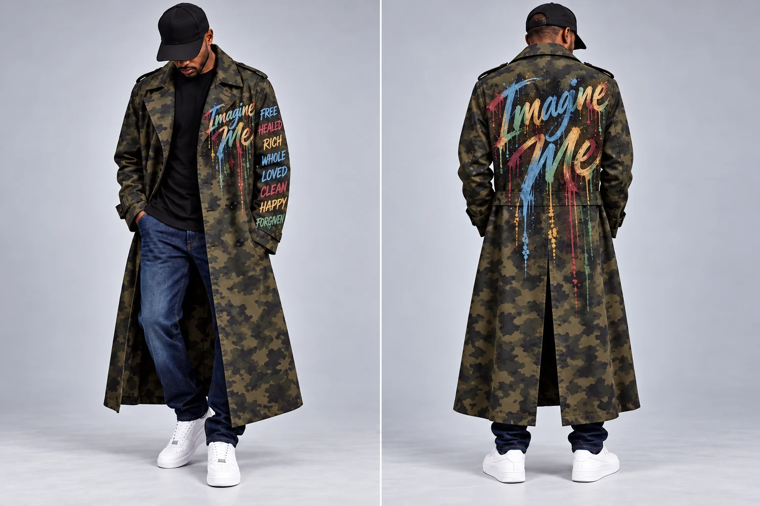 Full front and back of men’s natural muted hand-painted Imagine Me fatigue trench coat, with declaration words on one sleeve